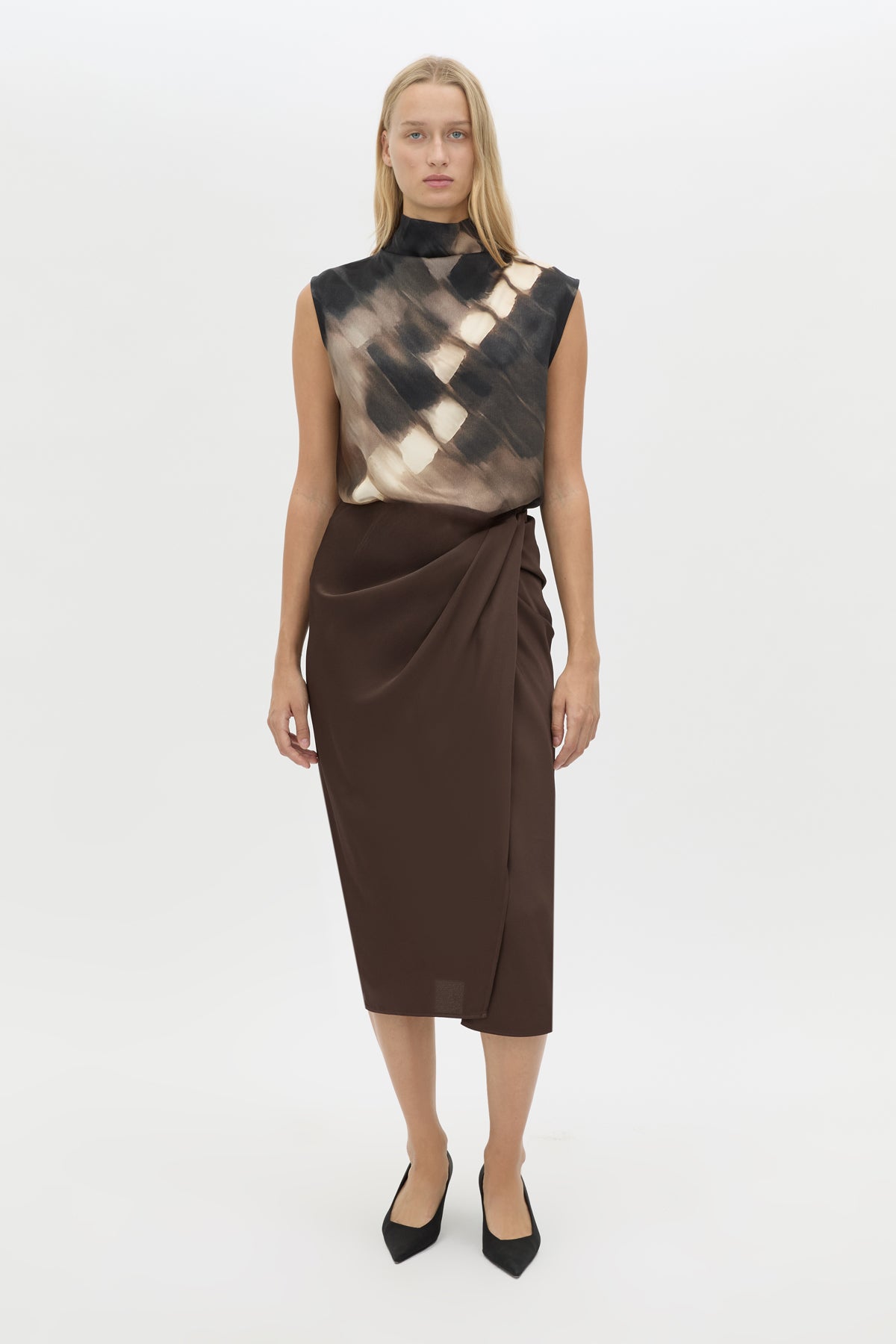 Front view CAMILLA AND MARC Elowyn Wrapped Midi Skirt in Espresso Brown with front draped detailing.