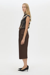 Side view CAMILLA AND MARC Elowyn Wrapped Midi Skirt in Espresso Brown with front draped detailing.