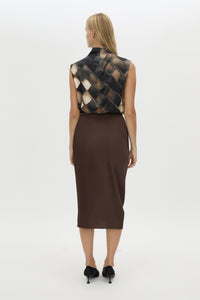 Back view CAMILLA AND MARC Elowyn Wrapped Midi Skirt in Espresso Brown with front draped detailing.