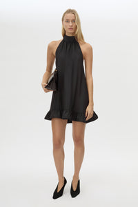 Front view CAMILLA AND MARC Elsen Halter Mini Dress in Black with open back, tie‑up neck and fluted crinoline hem.