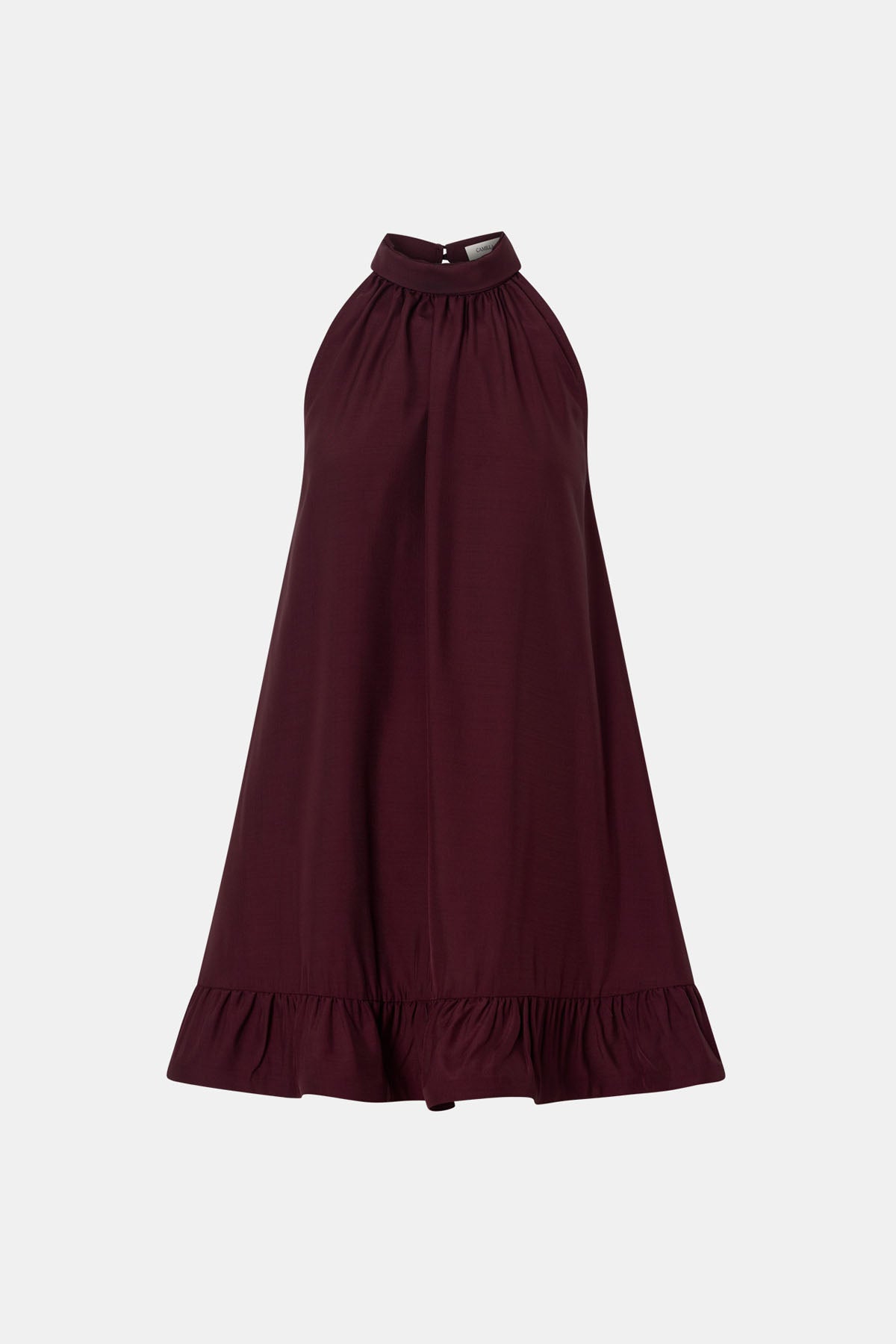 Ghost view CAMILLA AND MARC Elsen Halter Mini Dress in Burgundy with open back, tie‑up neck and fluted crinoline hem.