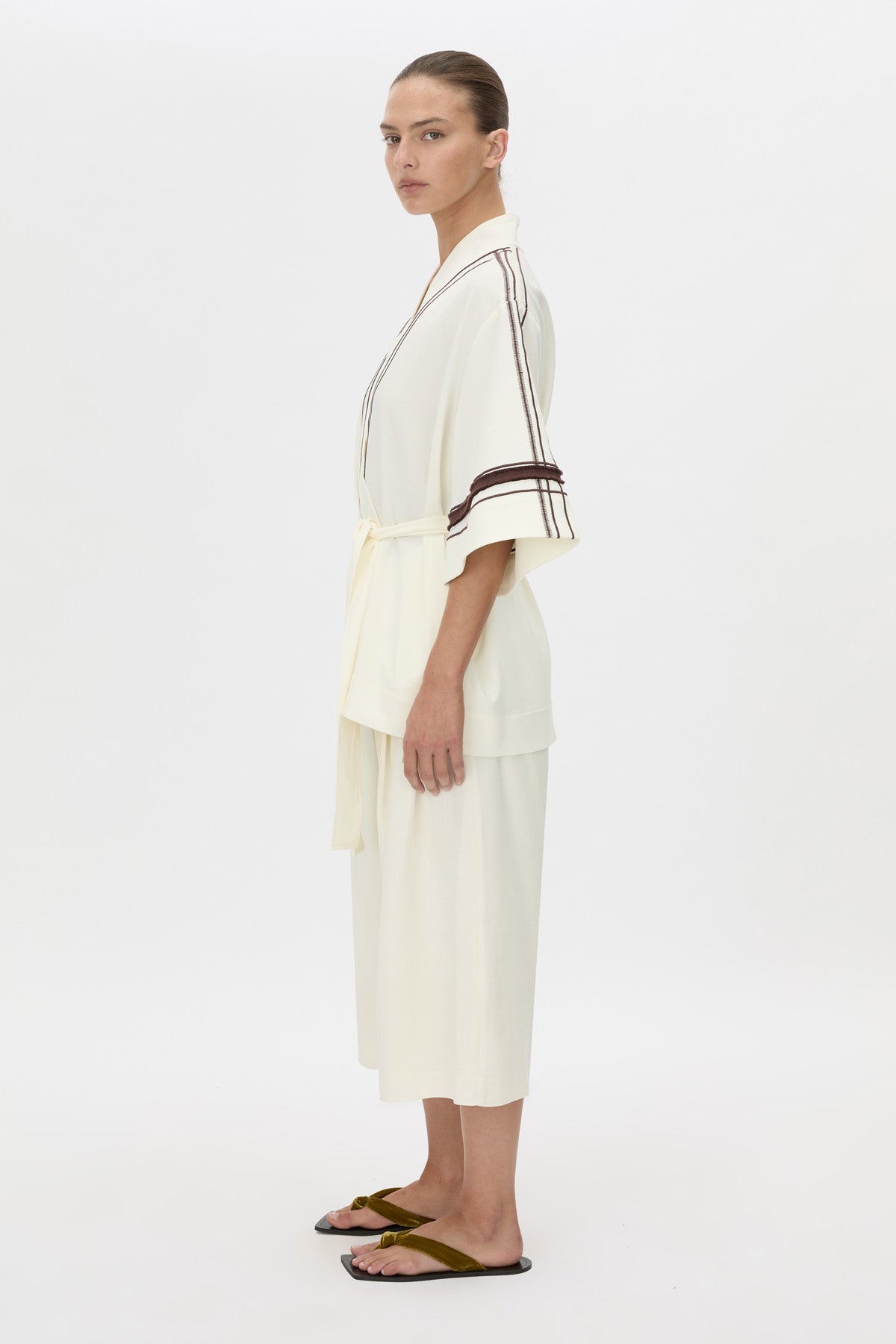 Side view CAMILLA AND MARC relaxed Enna Robe in stone with embroidery detail.
