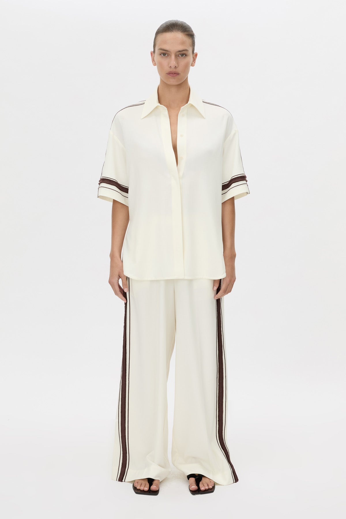 Front view CAMILLA AND MARC relaxed Enna Shirt in stone with embroidery detail.