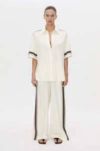 Front view CAMILLA AND MARC relaxed Enna Shirt in stone with embroidery detail.