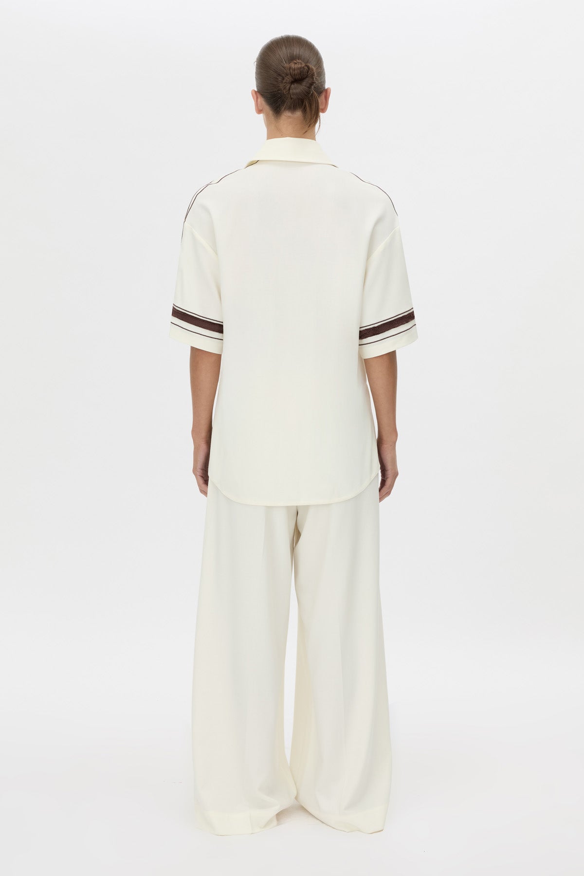 Back view CAMILLA AND MARC relaxed Enna Shirt in stone with embroidery detail.