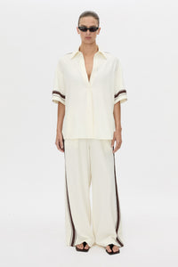 Front-styled view CAMILLA AND MARC relaxed Enna Shirt in stone with embroidery detail.