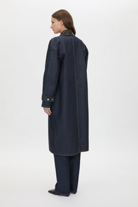 Back view CAMILLA AND MARC Enzo Denim Coat in Indigo Blue with a contrast leather collar and dual‑entry patch pockets.