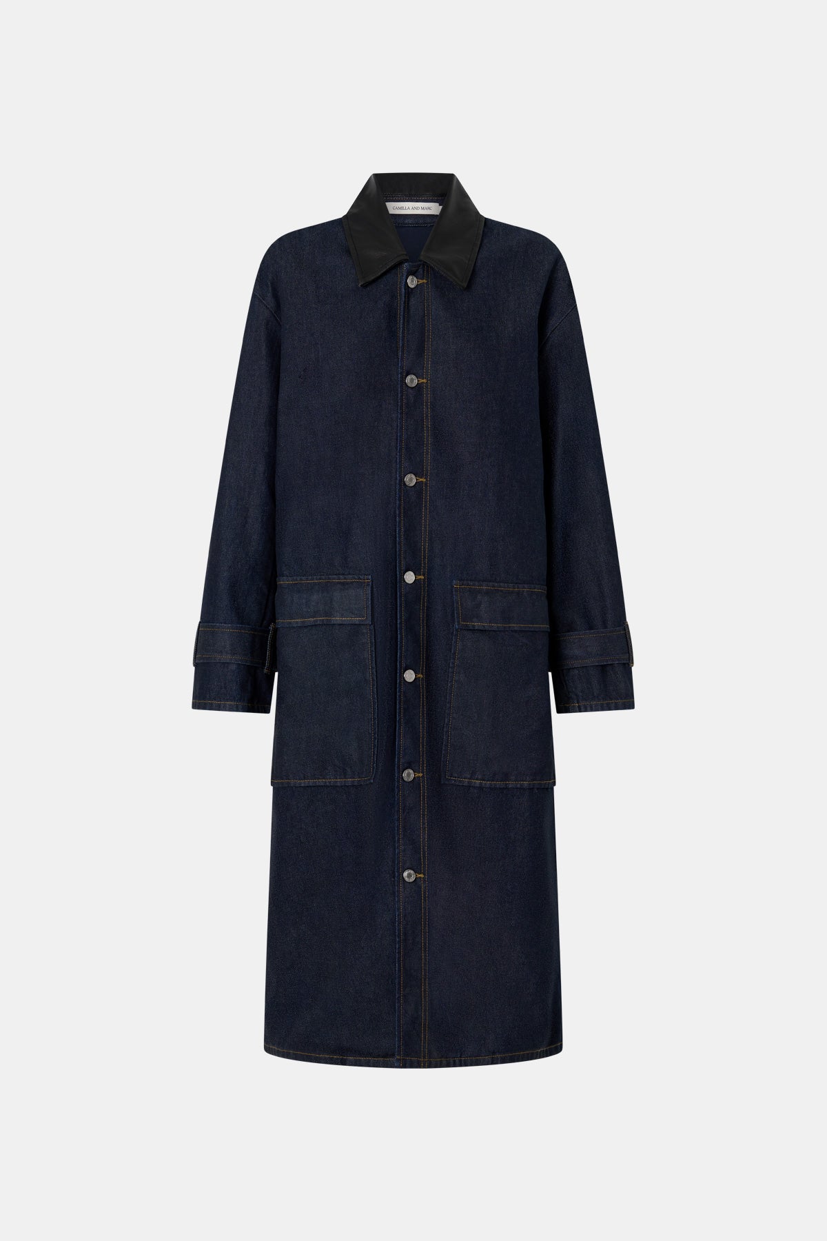 Ghost view CAMILLA AND MARC Enzo Denim Coat in Indigo Blue with a contrast leather collar and dual‑entry patch pockets.