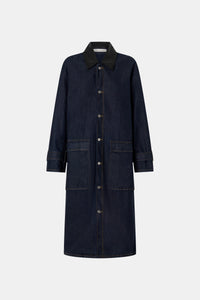 Ghost view CAMILLA AND MARC Enzo Denim Coat in Indigo Blue with a contrast leather collar and dual‑entry patch pockets.