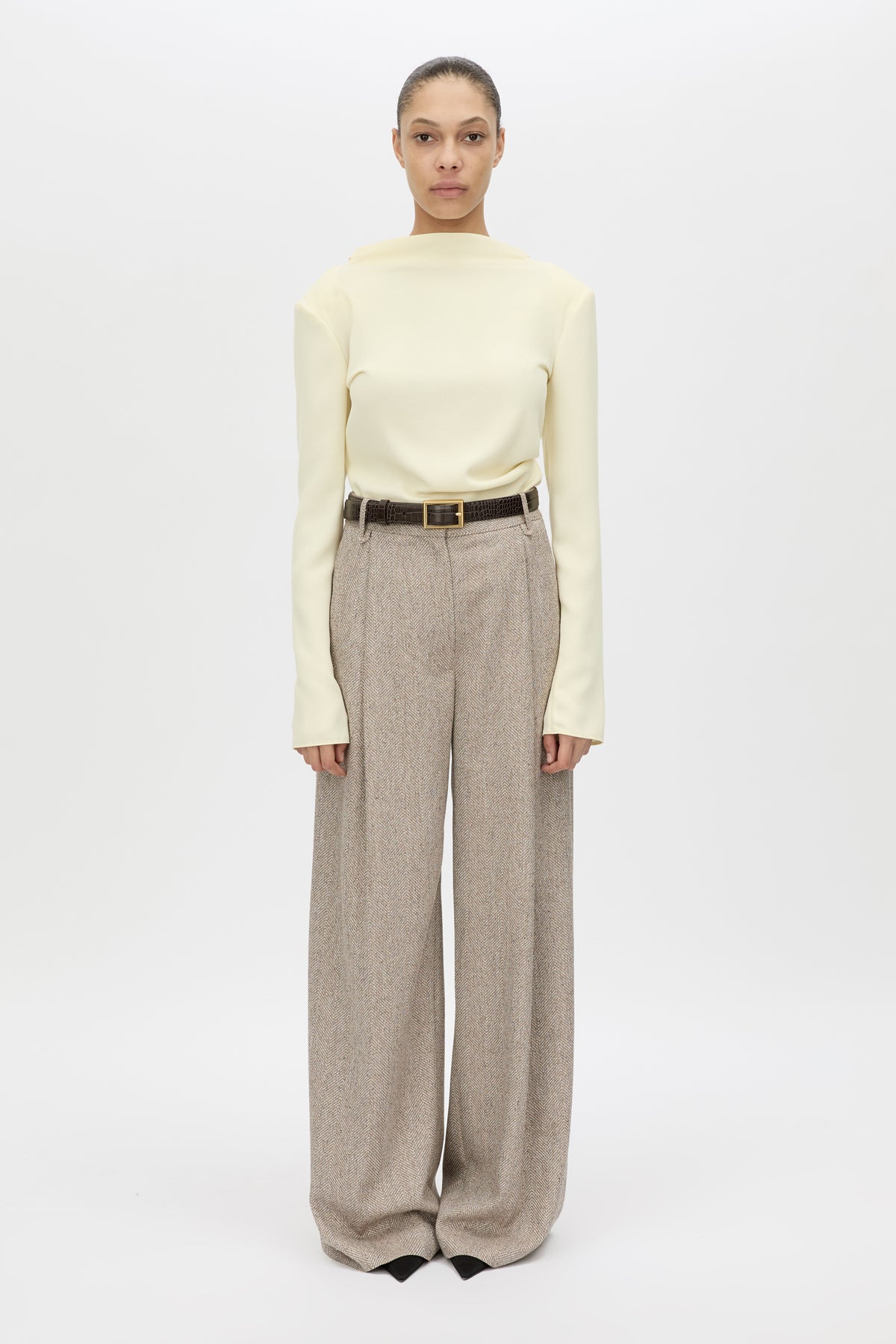 Front view CAMILLA AND MARC Eon Long Sleeve Top in Lemon with a draped back neckline.