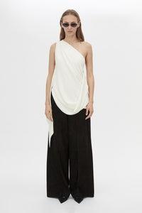 Front styled view CAMILLA AND MARC Eon Top in Cream with a draped asymmetric silhouette.