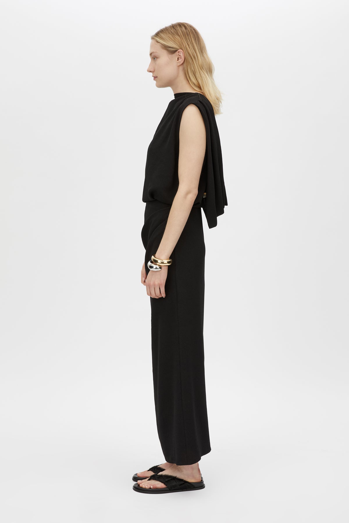 Side View CAMILLA AND MARC Eon Maxi Dress in black with draped low cowl back