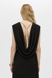 Close up back View CAMILLA AND MARC Eon Maxi Dress in black with draped low cowl back