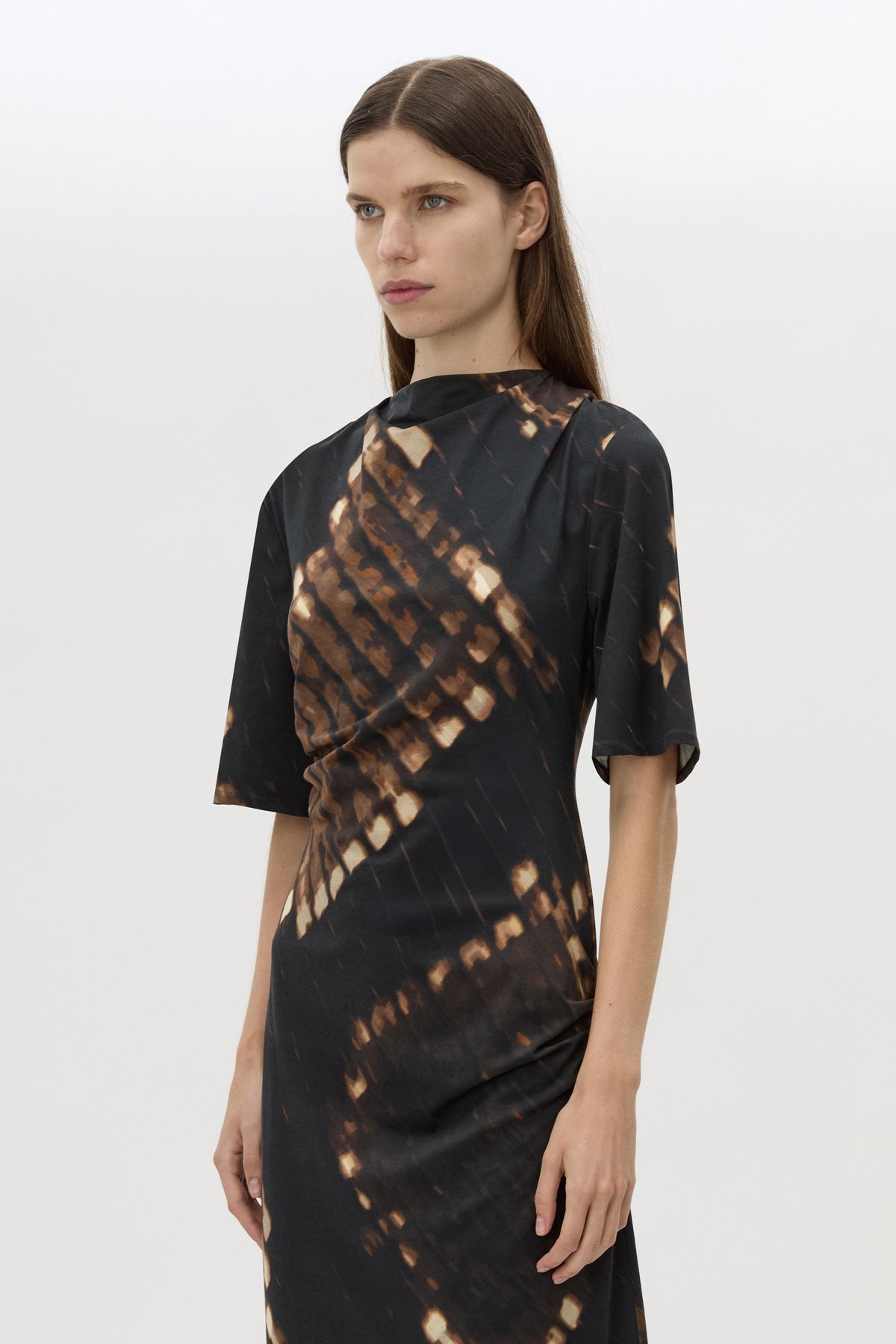 Cropped view CAMILLA AND MARC Ephyra Midi Dress in Ephyra Print with short sleeves and a draped silhouette. 