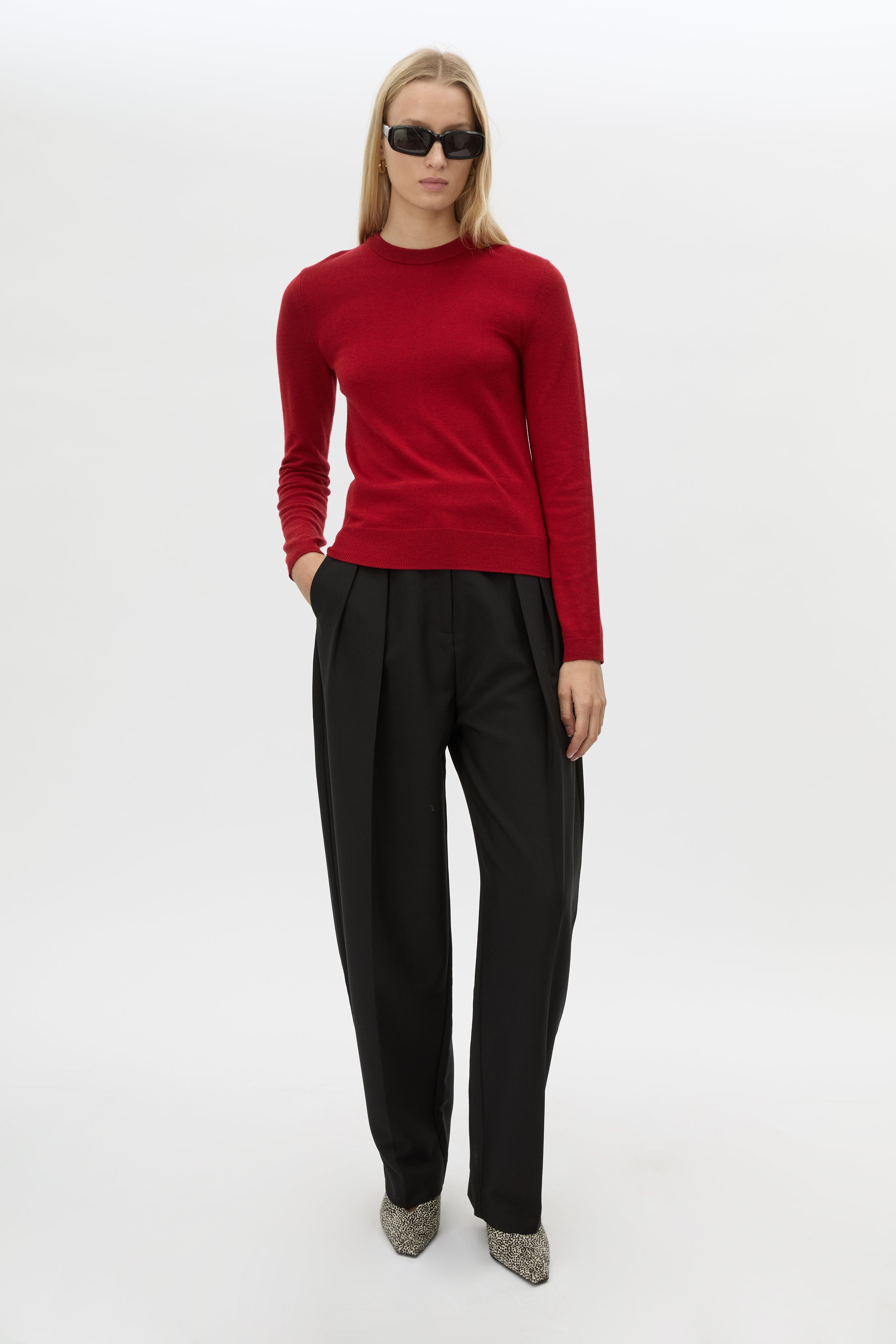 Front-styled view CAMILLA AND MARC Esme Knit Sweater in cherry red with crew neckline.