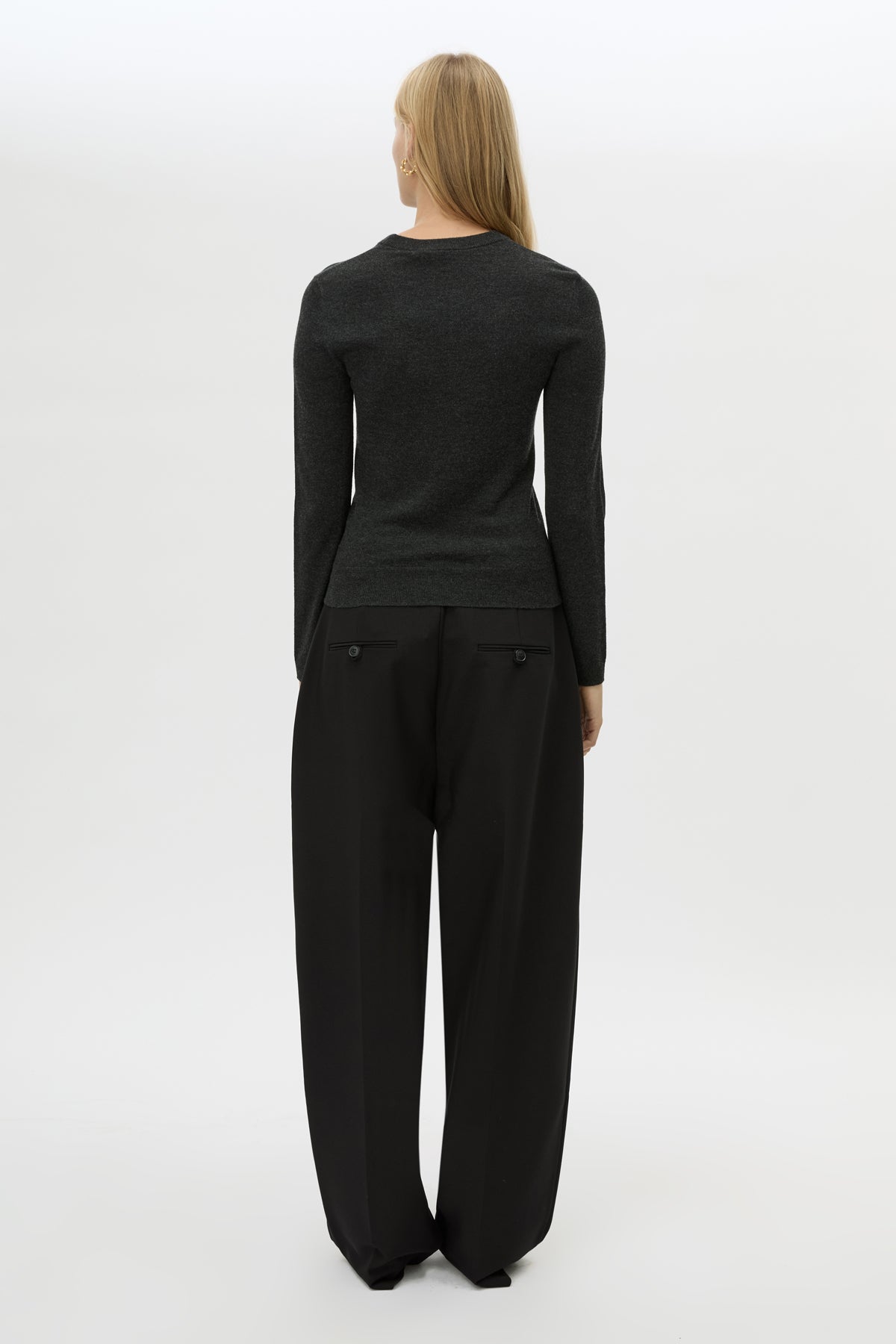 Back view CAMILLA AND MARC Esme Knit Sweater in Graphite Grey with crew neckline, ribbed trims and single‑jersey knit.