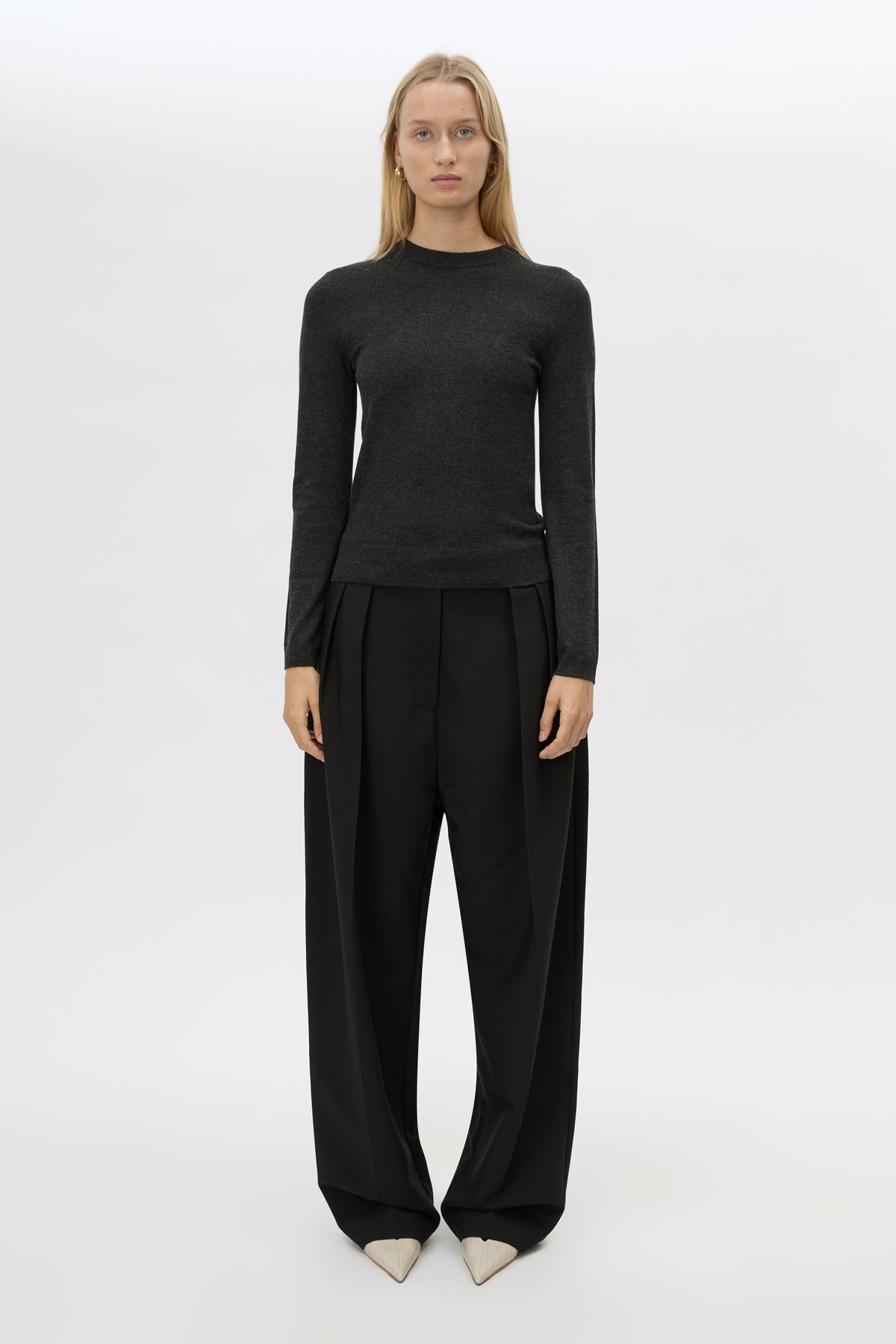 Front view CAMILLA AND MARC Esme Knit Sweater in Graphite Grey styled with the Tala Barrel Leg Pant.