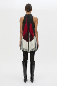 Back view CAMILLA AND MARC Evara Fringe Mini Dress with multicoloured layered satin fringe and high neckline.