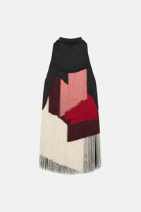 Ghost view CAMILLA AND MARC Evara Fringe Mini Dress with multicoloured layered satin fringe and high neckline.