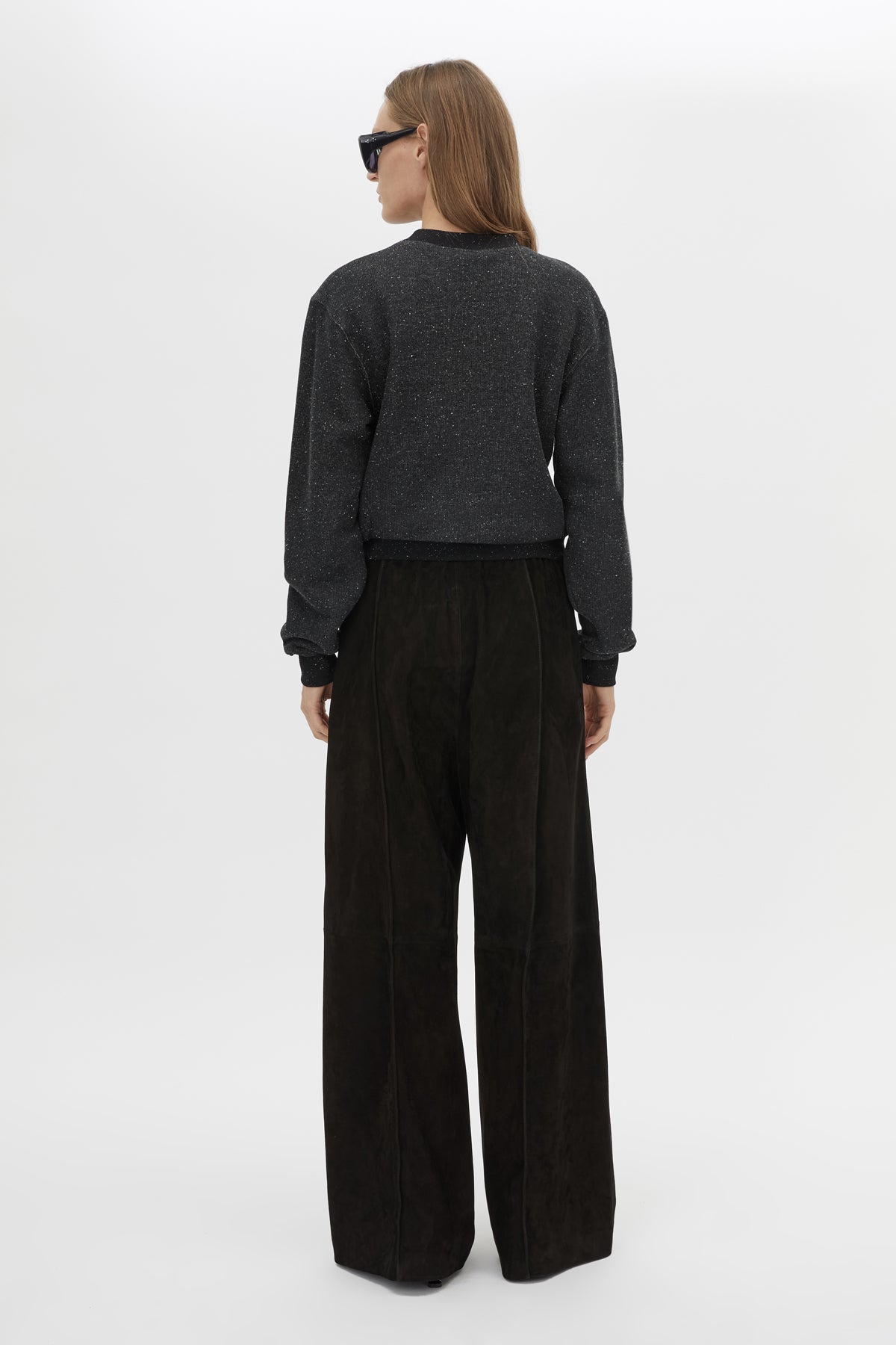 Back view CAMILLA AND MARC Everett Sweater in Black with cropped speckled fleece and relaxed turtle‑neck silhouette.  