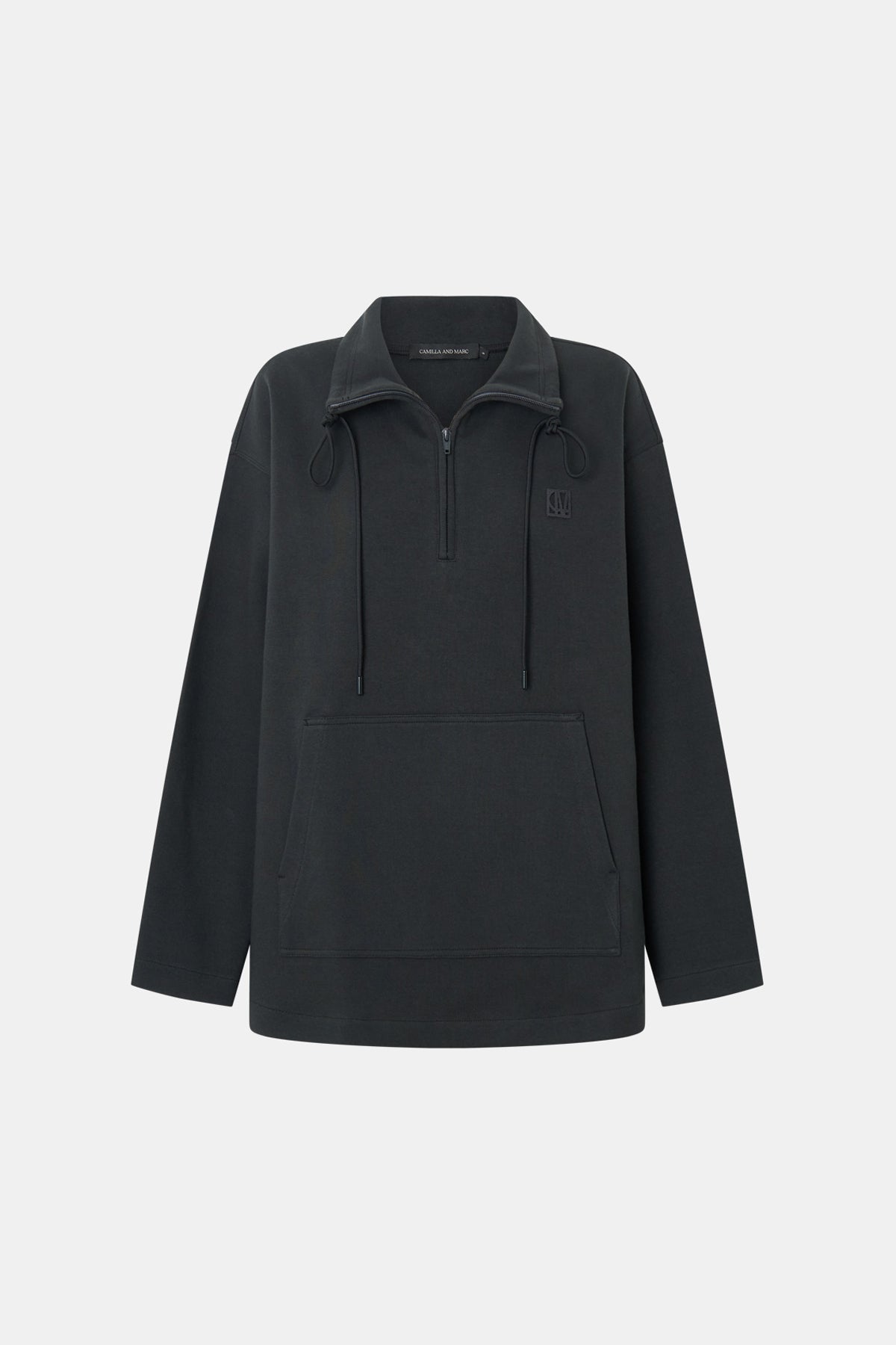 Ghost view CAMILLA AND MARC Figura Sweater in Coal Grey with cropped fleece, pullover design and quarter zip. 