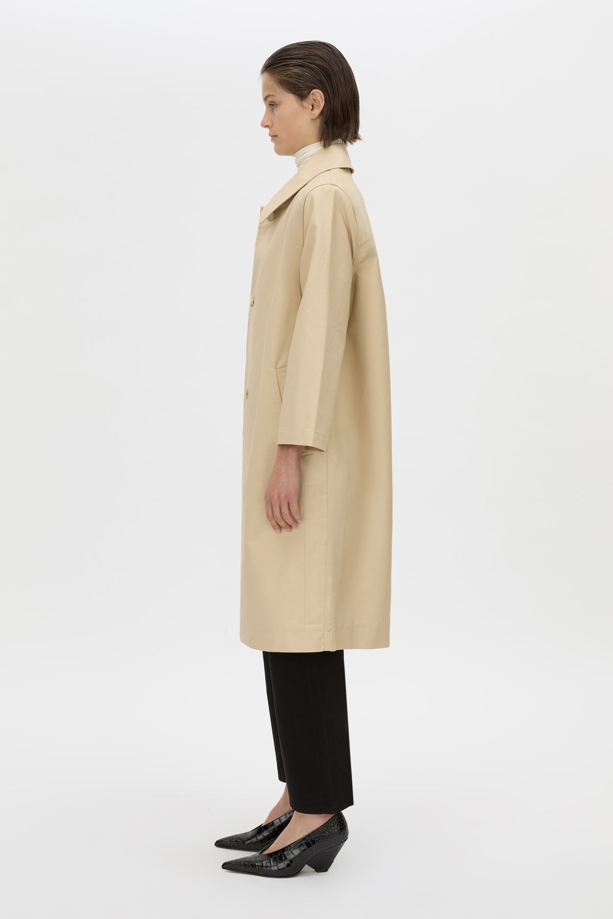 Side view CAMILLA AND MARC Florent mid length coat in latte.
