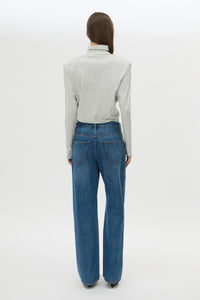 Back view CAMILLA AND MARC Florian Turtleneck Top in Grey Marle with long sleeves and removable shoulder pads.