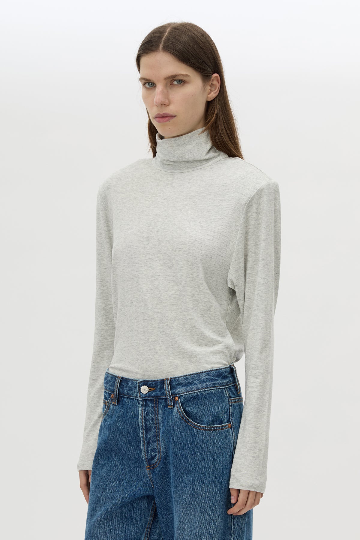 Cropped view CAMILLA AND MARC Florian Turtleneck Top in Grey Marle with long sleeves and removable shoulder pads.