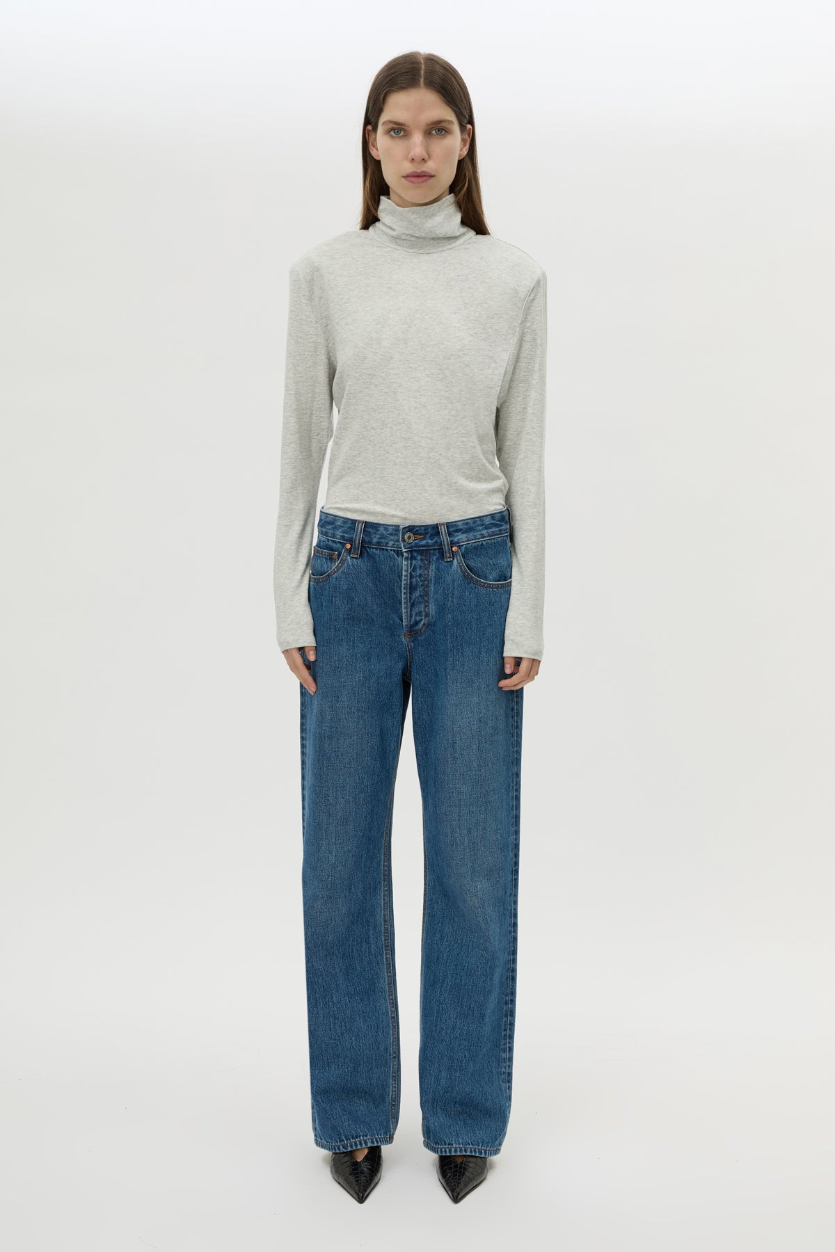Front view CAMILLA AND MARC Florian Turtleneck Top in Grey Marle with long sleeves and removable shoulder pads.
