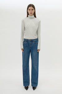 Front view CAMILLA AND MARC Florian Turtleneck Top in Grey Marle with long sleeves and removable shoulder pads.