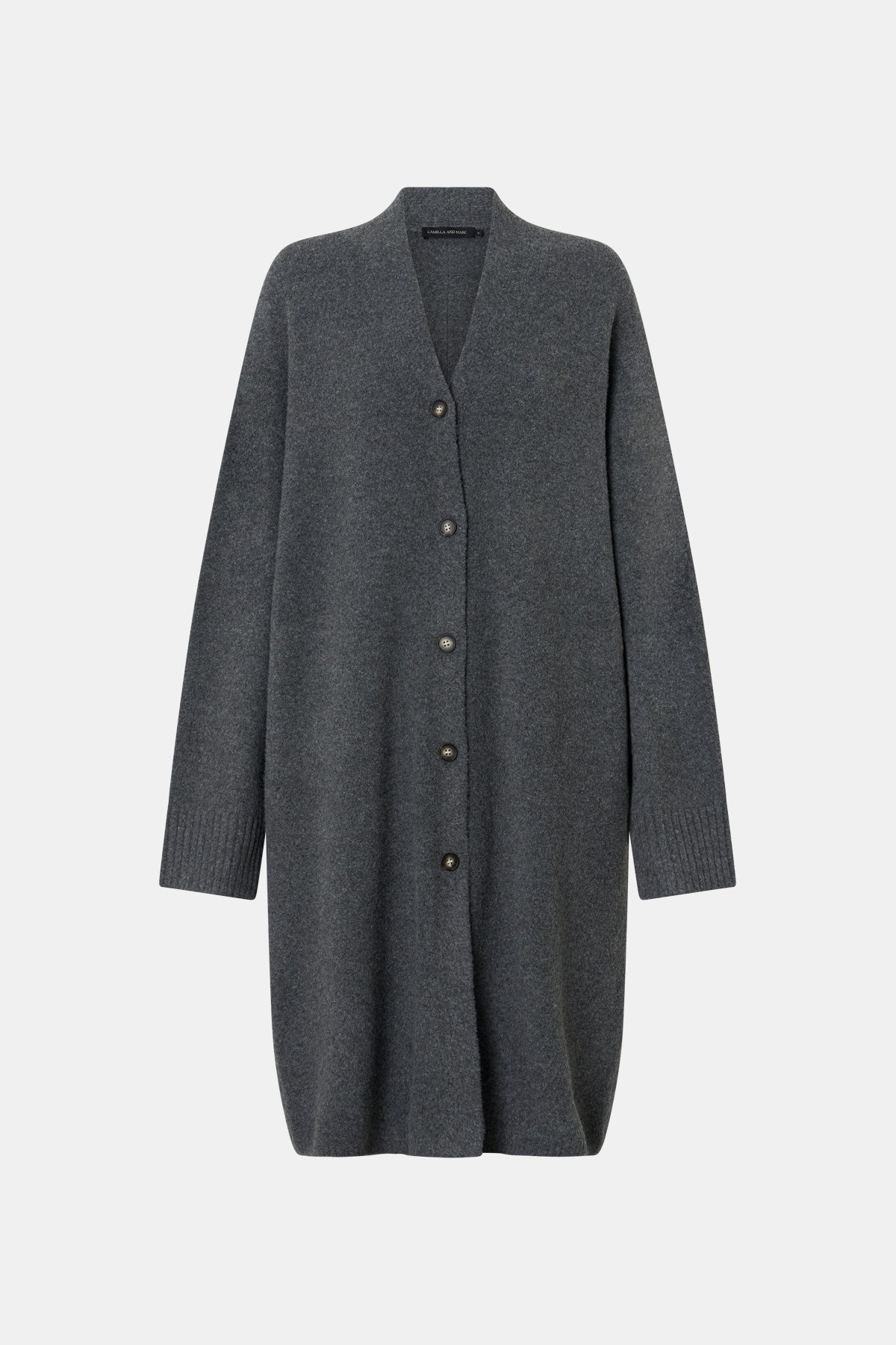 Ghost view CAMILLA AND MARC Francis Knit Long Cardigan in Caramel with rib front button placket.