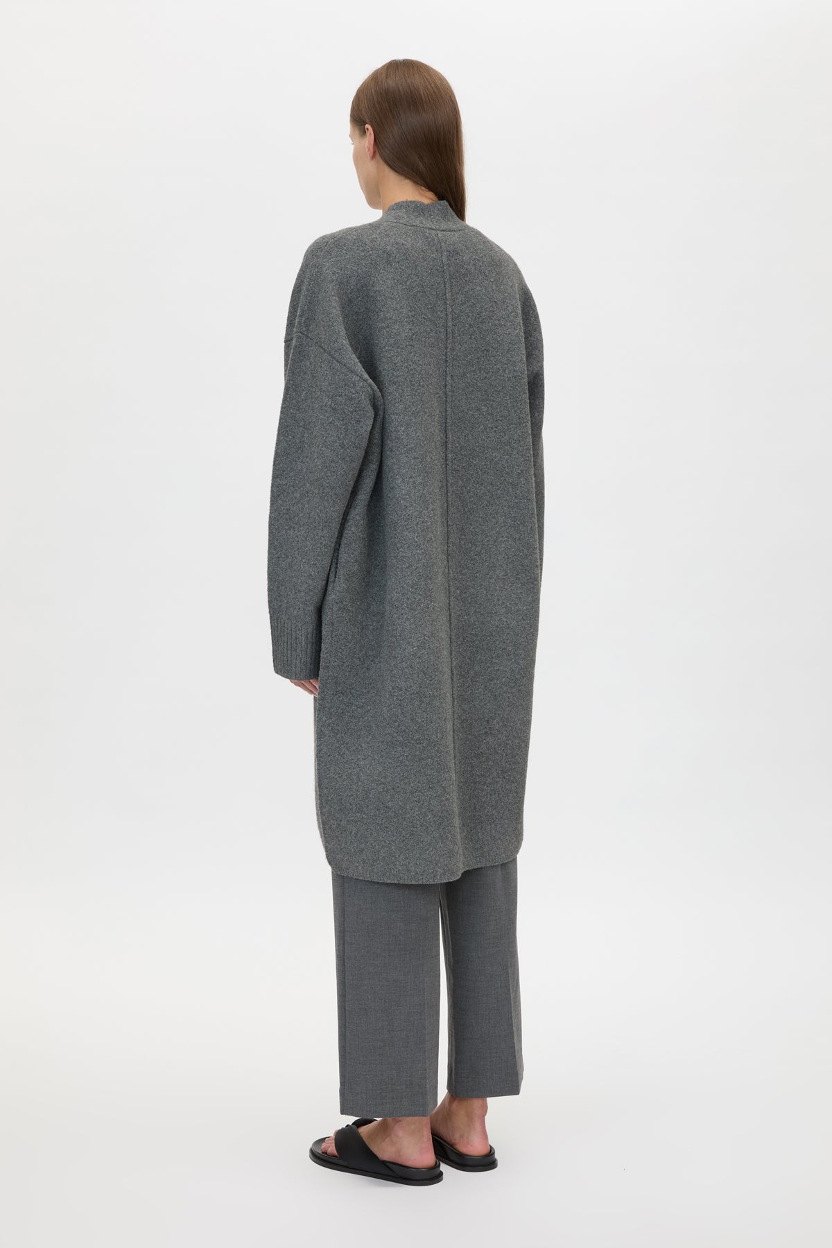 Back view CAMILLA AND MARC Francis Knit Long Cardigan in Caramel with rib front button placket.
