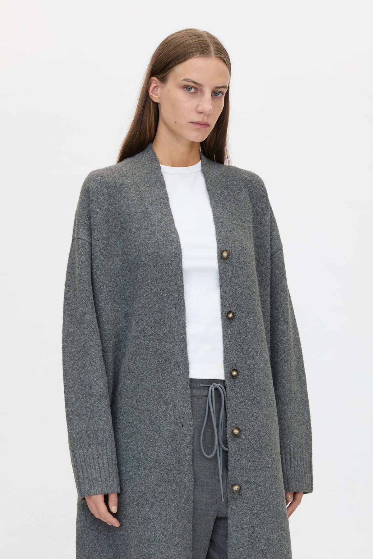 Cropped view CAMILLA AND MARC Francis Knit Long Cardigan in Caramel with rib front button placket.