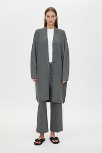 Front view CAMILLA AND MARC Francis Knit Long Cardigan in Grey with rib front button placket.