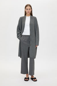 Front styled view CAMILLA AND MARC Francis Knit Long Cardigan in Caramel with rib front button placket.