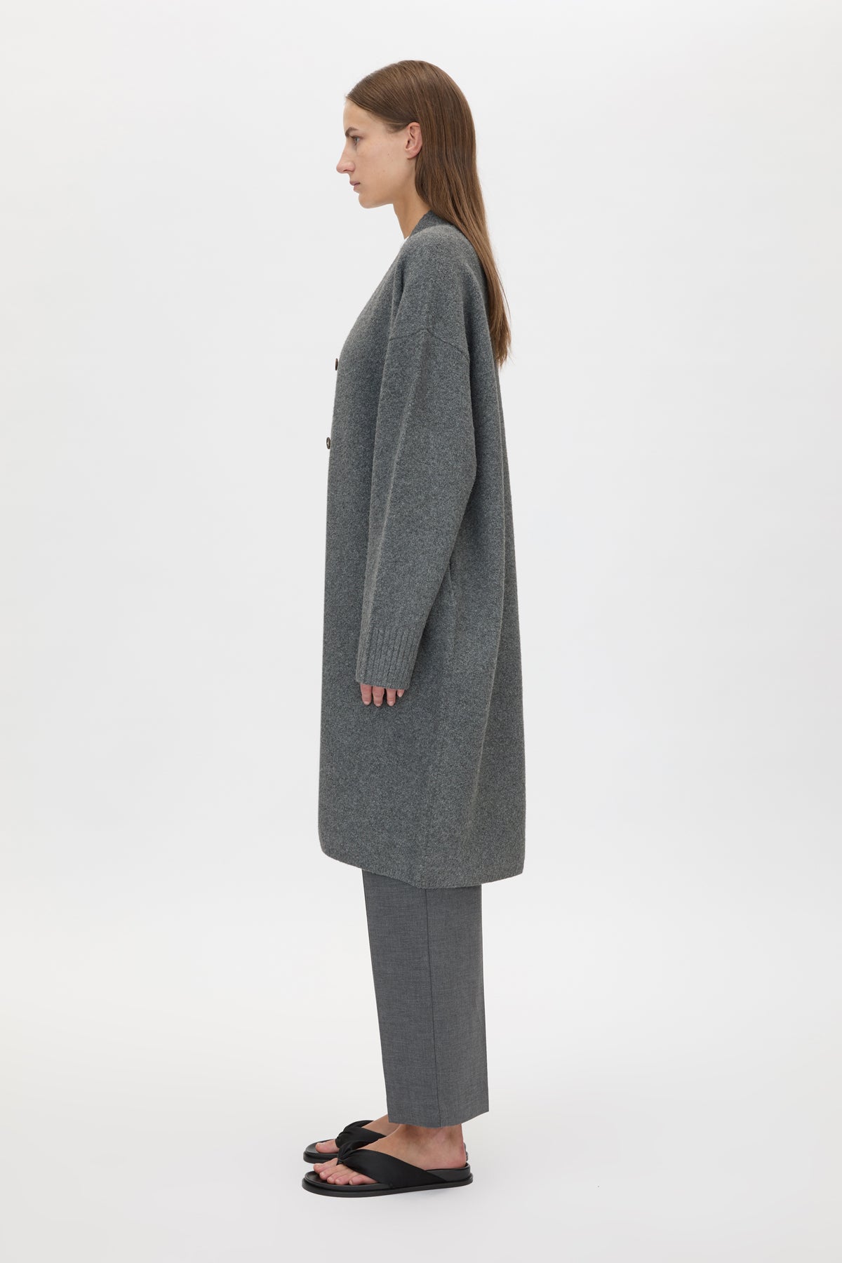Side view CAMILLA AND MARC Francis Knit Long Cardigan in Caramel with rib front button placket.