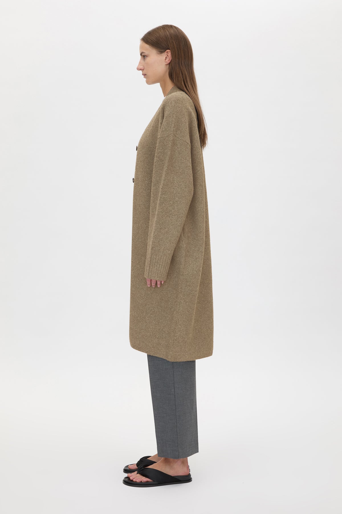 Side view CAMILLA AND MARC Francis Knit Long Cardigan in Caramel with rib front button placket.