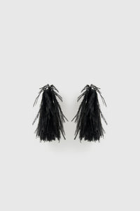 Front view CAMILLA AND MARC Friesian Feather Earrings in Black featuring sculptural soft‑spike hoops fitted with black faux ostrich feathers.