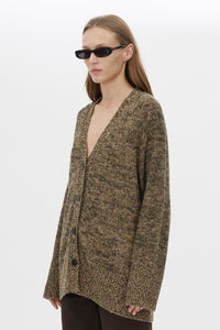 Close Up View CAMILLA AND MARC Hal Knit Boyfriend Cardigan in honey black with V neck and button front.