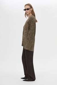 Side View CAMILLA AND MARC Hal Knit Boyfriend Cardigan in honey black with V neck and button front.