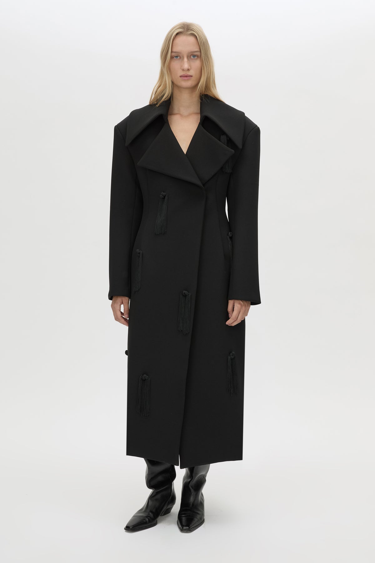 Front-styled view CAMILLA AND MARC Helix coat in black.
