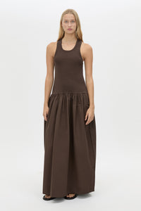 Front View - CAMILLA AND MARC Horizon maxi dress in espresso brown with a dropped waist cotton poplin skirt, ribbed neckline.
 