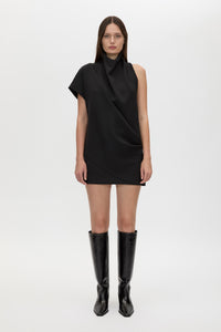 Front view CAMILLA AND MARC Huxley Draped Mini Dress in Black styled with the Rowan Knee High Boot.