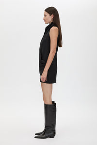 Side view CAMILLA AND MARC Huxley Draped Mini Dress in Black with laser‑cut neckline and draped panel.