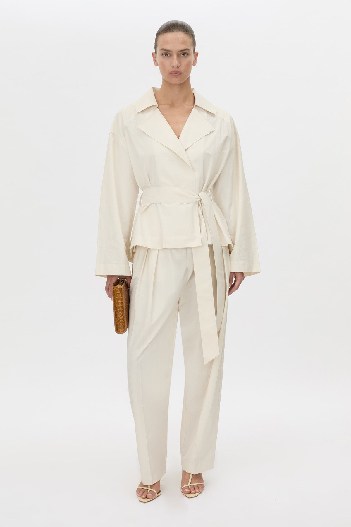 Front view CAMILLA AND MARC Inca Belted Wrap Jacket in ivory.