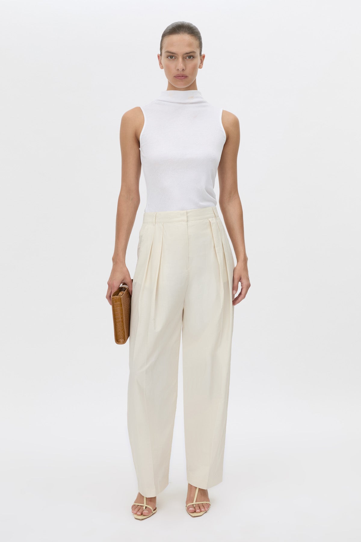 Front view CAMILLA AND MARC Inca Wide Leg Tailored Pant in ivory with a mid‑rise fit.