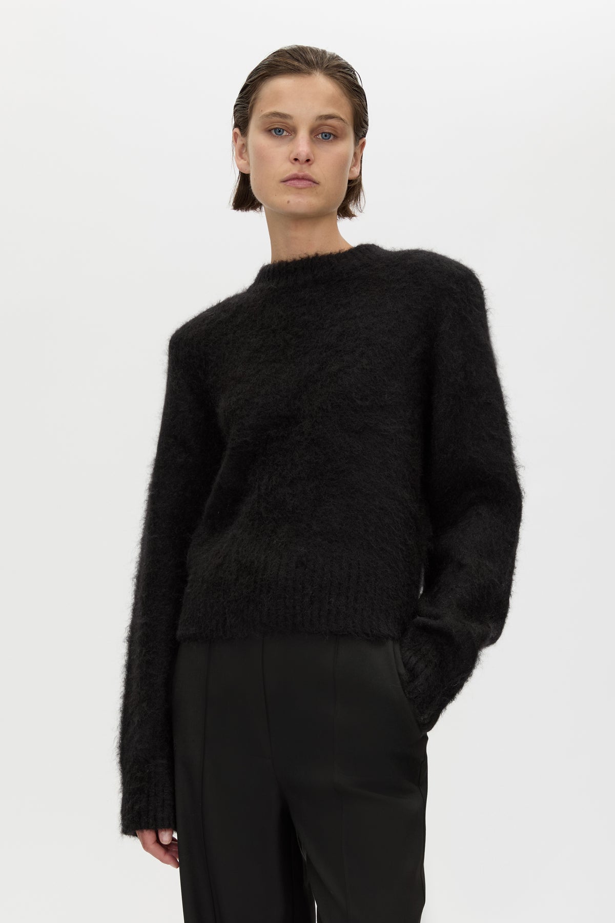 Cropped view CAMILLA AND MARC Ines Knit Sweater in Black with brushed knit texture and ribbed crew neckline.