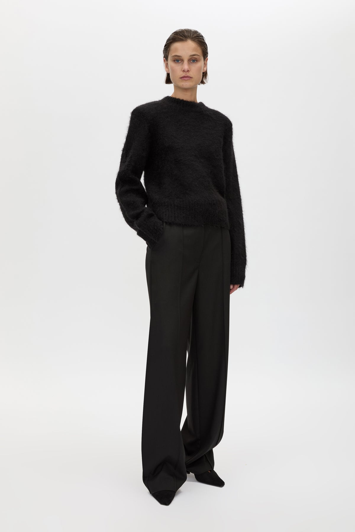 Front view CAMILLA AND MARC Ines Knit Sweater in Black with brushed knit texture and ribbed crew neckline.