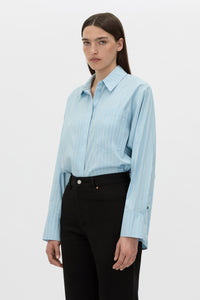 Cropped view CAMILLA AND MARC Jenie stripe shirt in baby blue stripe.