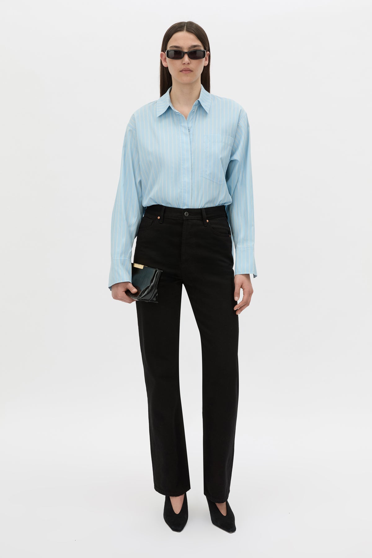 Front-styled view CAMILLA AND MARC Jenie stripe shirt in baby blue stripe.